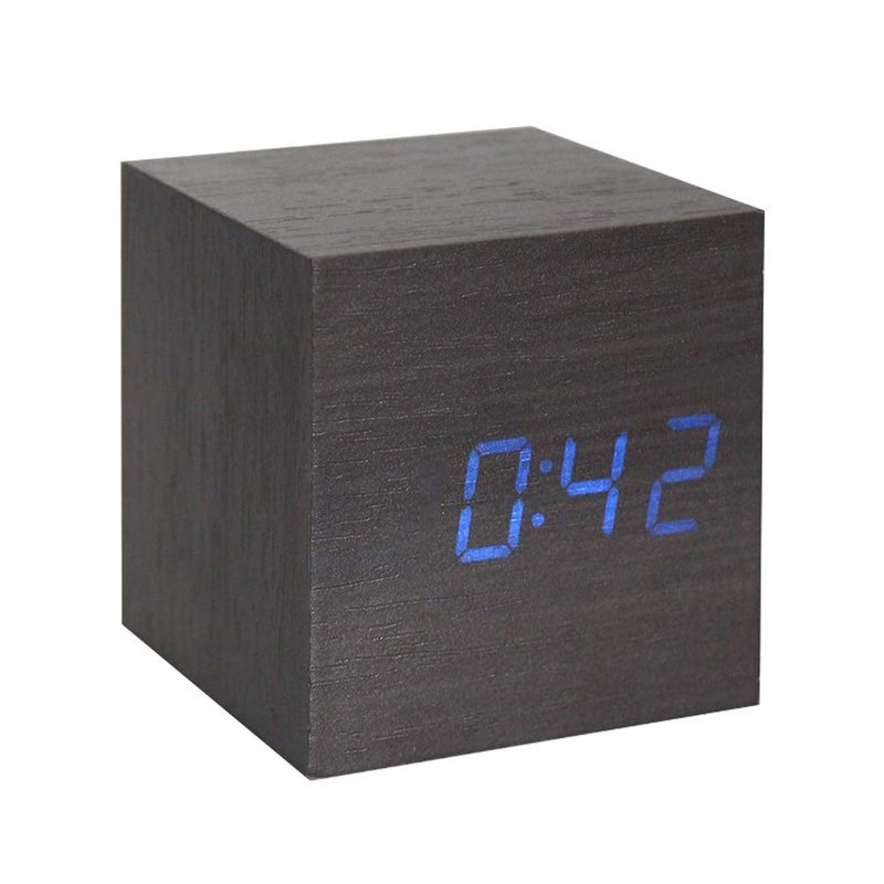 Lancoon Wooden Alarm Clock - Mini Cube LED Digital Clock with Time/Date/Temperature Display, 3 Levels Brightness and Voice Control Great for Home Office Travel - AC10Black_Blue - Image 1